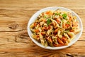 Bowl of healthy wholewheat penne rigate noodles