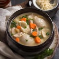 A bowl of hearty chicken and dumpling soup with fluffy dumplings4