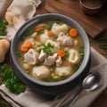 A bowl of hearty chicken and dumpling soup with fluffy dumplings1