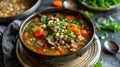 A bowl of hearty soup its flavors deed through the addition of homemade bone broth