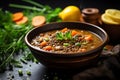 A bowl of hearty vegetable soup with chunks of carrots celery and lentils, dieting, vegan food
