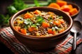 A bowl of hearty vegetable soup with chunks of carrots celery and lentils, dieting, vegan food