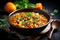 A bowl of hearty vegetable soup with chunks of carrots celery and lentils, dieting, vegan food