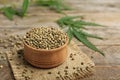 Bowl of hemp seeds on table