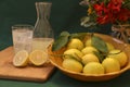 Bowl of Home Grown Organic Lemons with a Glass of Lemonade with some Beautiful red flowers with a Green Background. background