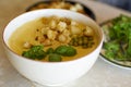 Bowl of homemade cream soup with croutons and gresh green parsley Royalty Free Stock Photo