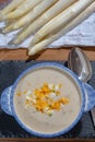 Bowl of homemade cream soup from white asparagus with eggs, spring season, new harvest of Dutch, German white asparagus, cooking Royalty Free Stock Photo