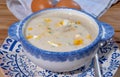 Bowl of homemade cream soup from white asparagus with eggs, spring season, new harvest of Dutch, German white asparagus, cooking Royalty Free Stock Photo