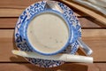 Bowl of homemade cream soup from white asparagus, spring season, new harvest of Dutch, German white asparagus, cooking with Royalty Free Stock Photo