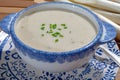 Bowl of homemade cream soup from white asparagus, spring season, new harvest of Dutch, German white asparagus, cooking with Royalty Free Stock Photo