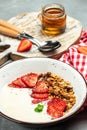 Bowl of homemade granola with fresh strawberry, chia seeds and honey on a light background. Delicious breakfast or snack. banner, Royalty Free Stock Photo