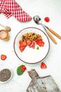 Bowl of homemade granola with fresh strawberry, chia seeds and honey on a light background. Delicious breakfast or snack. banner, Royalty Free Stock Photo