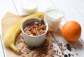 A bowl of homemade granola, a glass of yogurt, fresh fruits and a bottle of milk Royalty Free Stock Photo