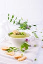 Bowl of homemade green spring pea soup topped with pumpkin seeds, croutons. On white Royalty Free Stock Photo