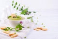 Bowl of homemade green spring pea soup topped with pumpkin seeds, croutons. On white background. Royalty Free Stock Photo