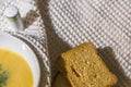 Bowl of homemade lentil soup in a white soup bowl with salt shaker, close up, macro photography Royalty Free Stock Photo