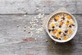 Bowl of homemade muesli with nuts, dried fruits and sunflower seeds Royalty Free Stock Photo