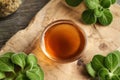 A bowl of homemade Plectranthus amboinicus syrup for common cold