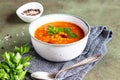 A bowl of homemade red bean and lentil soup, bread and parsley on stone background. Vegetable spicy soup Royalty Free Stock Photo