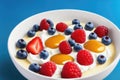 Bowl of homemade yogurt and fresh berries on wooden background, generative ai, healthy food Royalty Free Stock Photo