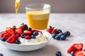 Bowl of homemade yogurt and fresh berries on wooden background, generative ai, healthy food
