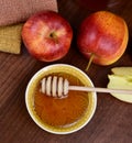 Rosh Hashanah still life with apple and honey top view stock images