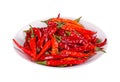 Bowl of hot, red chili peppers against white Royalty Free Stock Photo