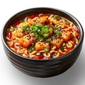 Spicy Korean Ramen or Ramyeon in ceramic bowl. Generative AI Illustration.