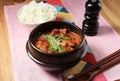 A Bowl of Hot Vegan Spicy Korean Kimchi Stew Soup or Kimchi Jigae