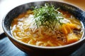 A bowl of hoto with flat noodles and pumpkin broth Royalty Free Stock Photo