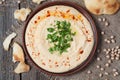 Bowl of hummus, creamy vegetarian food with chick Royalty Free Stock Photo