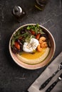 Bowl with hummus, egg, shrimp and salad Royalty Free Stock Photo
