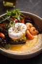 Bowl with hummus, egg, shrimp and salad Royalty Free Stock Photo