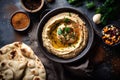 Bowl of hummus with spices and pita bread on dark background.