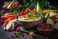a bowl of hummus with a variety of dipping vegetables Royalty Free Stock Photo