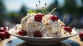 A bowl of ice cream and cherries close-up. Generative AI. Royalty Free Stock Photo
