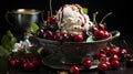 A bowl of ice cream and cherries. Generative AI. Royalty Free Stock Photo