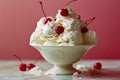 Bowl of ice cream with cherries on top is surrounded by more cherries. Generative AI Royalty Free Stock Photo