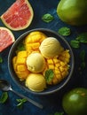 A bowl of ice cream with a few pieces of fruit on top Royalty Free Stock Photo