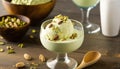 a bowl of ice cream with nuts and pistachio on a table next to two glasses of ice cream and a wooden