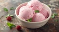 A bowl of ice cream with raspberries and mint leaves, AI Royalty Free Stock Photo