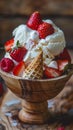 A bowl of ice cream with strawberries and whipped topping, AI Royalty Free Stock Photo