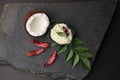 South indian coconut chutney with curry leaves and red chillies