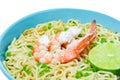 Bowl of instant noodles and shrimps isolated on white background. Food concept Royalty Free Stock Photo