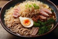 Bowl of japanese ramen noodle with chicken. top view. Ramen soup with eggs and chopsticks. Japanese ramen noodles. Generative Ai. Royalty Free Stock Photo