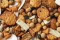 Bowl with Japanese rice crackers, senbei, close up full frame