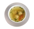 Bowl of Jewish matzoh balls soup isolated on white Royalty Free Stock Photo