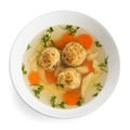 Bowl of Jewish matzoh balls soup isolated on white Royalty Free Stock Photo