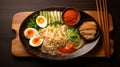 Exquisite Craftsmanship: Bold And Colorful Japanese Ramen With Egg, Cucumber, And Meat