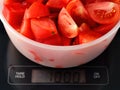 A bowl with kilogram of tomato slices on a digital scale. Focus is on tomatoes Royalty Free Stock Photo